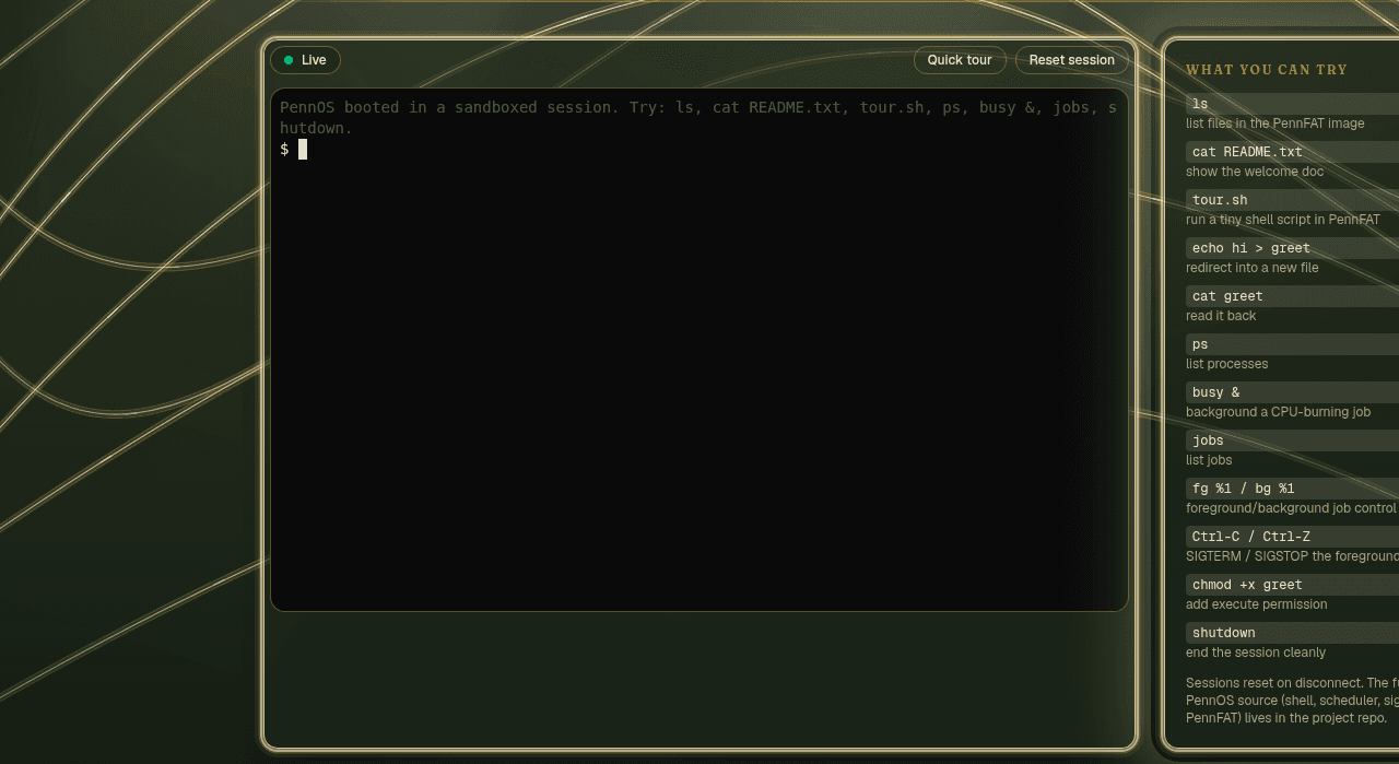 PennOS live terminal running in the browser