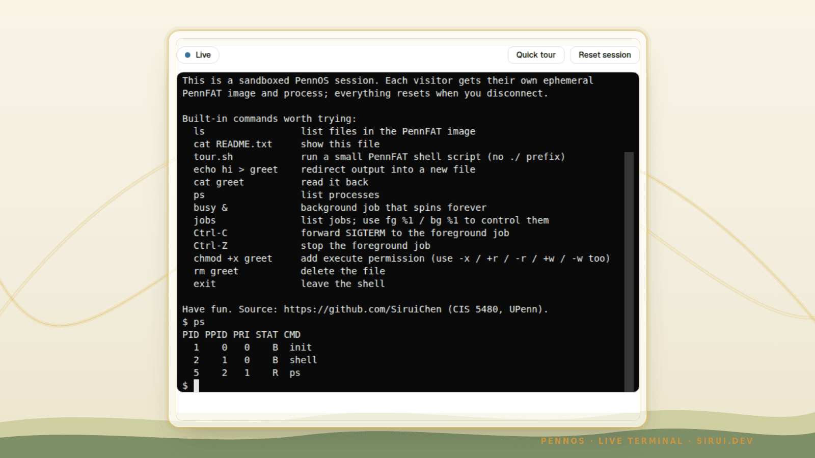 PennOS live terminal running in the browser